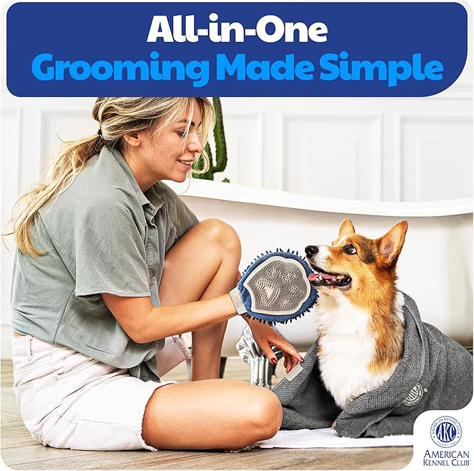 AKC - Dual-Sided Dog Grooming Glove with Silicone Bristles | Quick-Dry Towel | 2-in-1 Pet Grooming Tool for Bathing, Brushing, Shedding, Massaging & Coat Care for Small Medium & Large Dogs