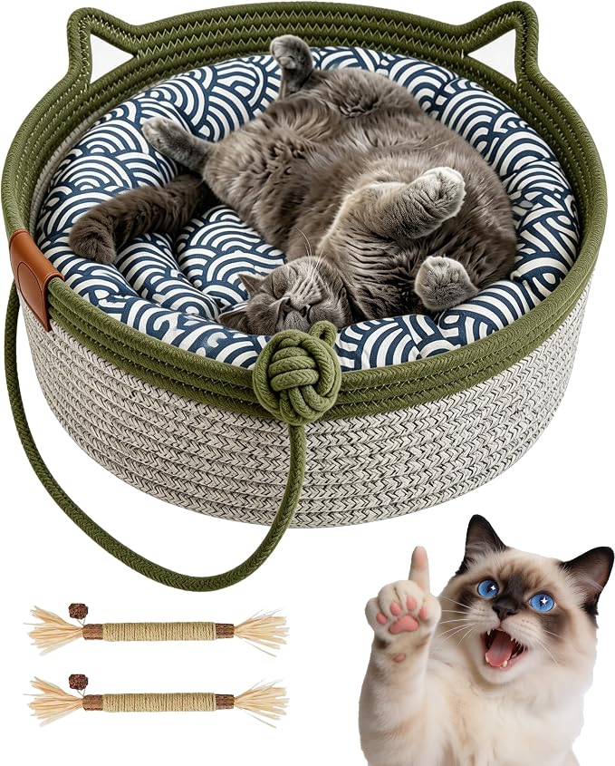 Instinct Basket for Cats,Cat Basket Bed with Cushion & Hanging Ball Toy,Handwoven Cotton Rope Cat Basket (Green+Mat+Pillow,S(up to 9Lb))