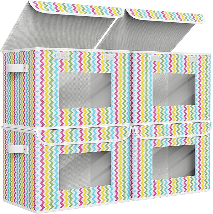 Univivi Fabric Foldable Storage Boxes with Lids, 4 Pack, Colorful | 17 x 12 x 12 In Large Stackable Storage Bins with Lids, Closet Organizers and Storage Cube Basket for Home, Office, Bedroom