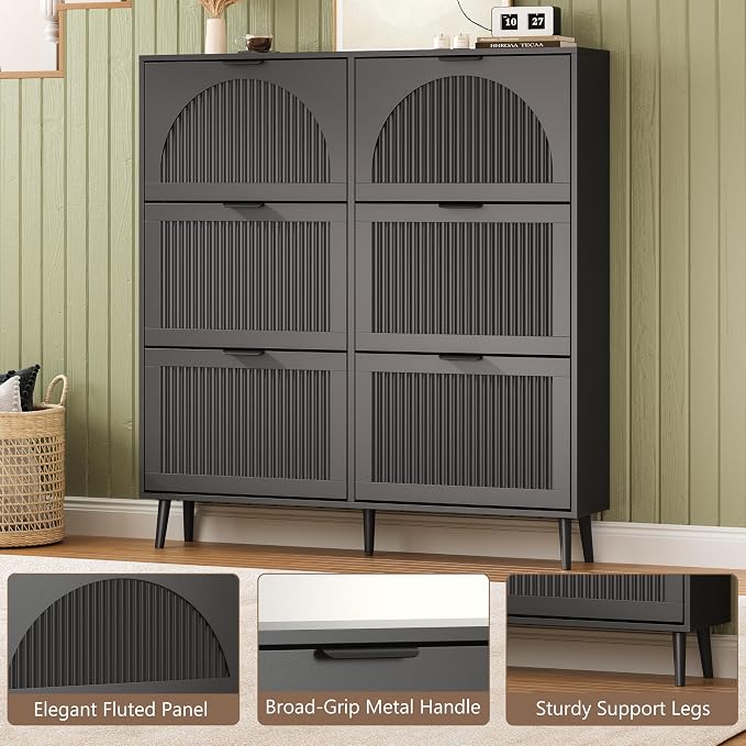 BORNOON Shoe Cabinet for Entryway with 6 Flip Drawers, Slim Wooden Shoe Storage Organizer with Modern Fluted Pannel，Freestanding Narrow Hidden Shoe Rack for Hallway, Foyer, Living Room