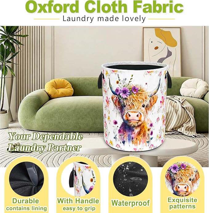 Highland Cow Laundry Basket Foldable Waterproof Oxford Cloth Funny Tote Bag | Laundry Hamper Clothes Storage Bucket Organizer For Bathroom/Laundry Storage /Bedroom Storage Basket 18.9x16.5 Inch