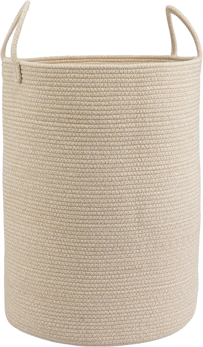 Woven Cotton Rope Laundry Basket Hamper, 16" x 22" Large Oatmeal | Rope storage basket for dirty clothes, toys and blankets. Perfect for bathroom, baby nursery and living room storage.