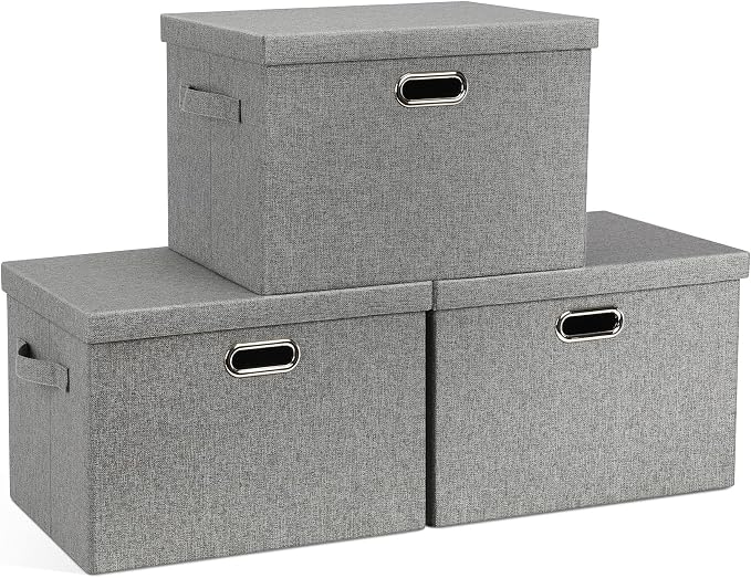 Graciadeco Large 17" 36 Quart Collapsible Stackable Storage Bins with Lids, 3 Packs Grey Linen Fabric Closet Boxes with Lids, Storage Cube Baskets Container Organizers for Bedroom Office(17 x12 x11) | 36 Quart 3 Pack Gray1 Collapsible Stackable Linen F...