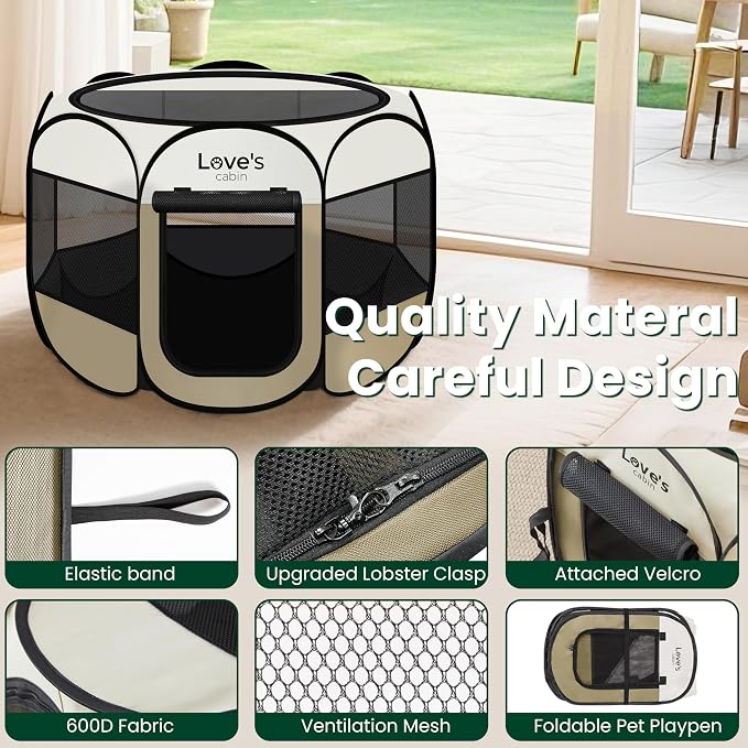 Love's cabin Pet Puppy Dog Playpen, Medium Dog Tent Crates Cage Indoor/Outdoor, Portable Playpen for Cat, Foldable Pop Up Dog Kennel Playpen with Carring Case, Removable Zipper Top, Khaki