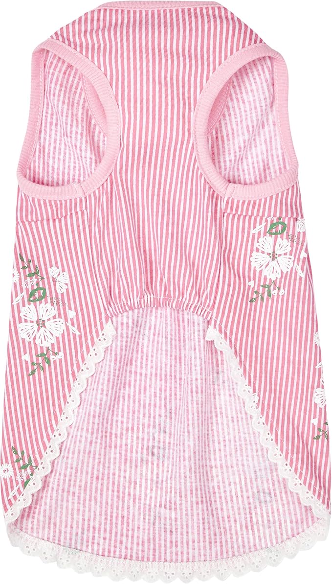 Blueberry Pet Wonderland Floral Sleeveless Dog Dress in Pink Stripe with Peter Pan Collar, Back Length 12", Pack of 1 Clothes for Dogs