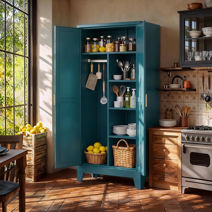 71" H Metal Garage Storage Cabinets,Broom Closet Storage Cabinet,Utility Cabinet,Blue Storage Cabinets
