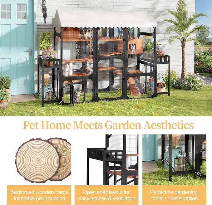 Large Outdoor Cat Enclosure Wooden Catio with Multi-Level Play Platforms, Climbing Ramps, Resting Boxes, Pom-Pom Toys & 2 Plant Stands, Weather-Resistant Roof & Wire Mesh for Backyard Patio, Black
