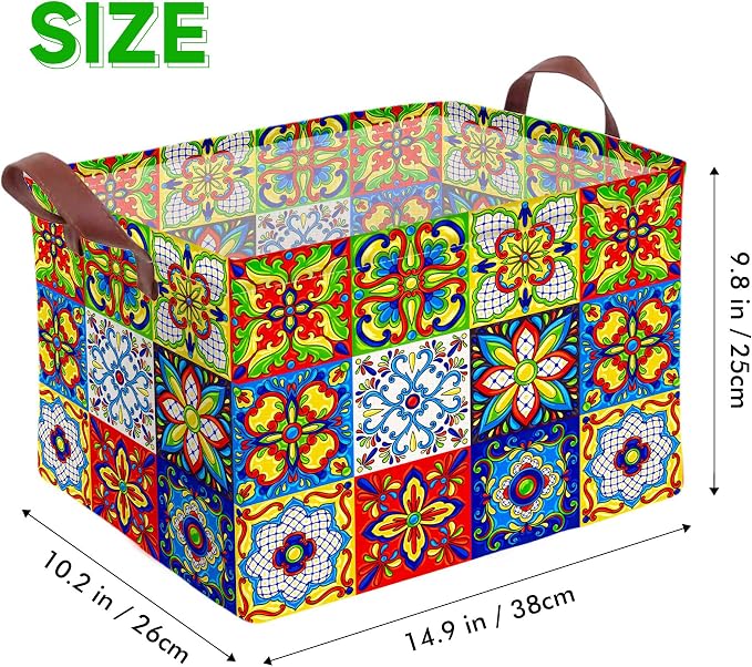 Mexican Talavera Decoration Storage Basket Waterproof Canvas Toy Storage Bin Collapsible Outdoor Basket with Leather Handles Mexican Talavera Decor Blanket Baskets For Closets,Bedrooms,Gifts Baskets