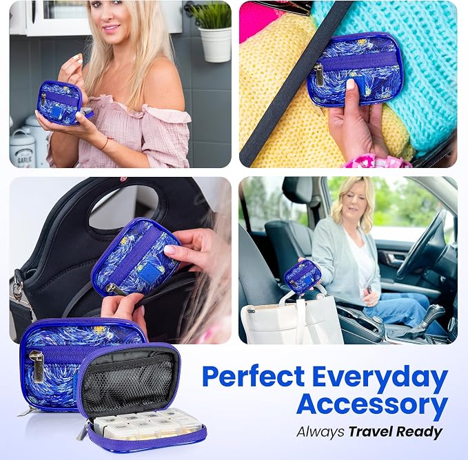 Made Easy Kit Pill Case for Everyday and Travel - 7-Day Weekly Medicine Supplement Vitamin Organizer Sorter Tracker - Neoprene Bag with Pockets - Compact Portable 8 Compartments (Blue Starry Night)