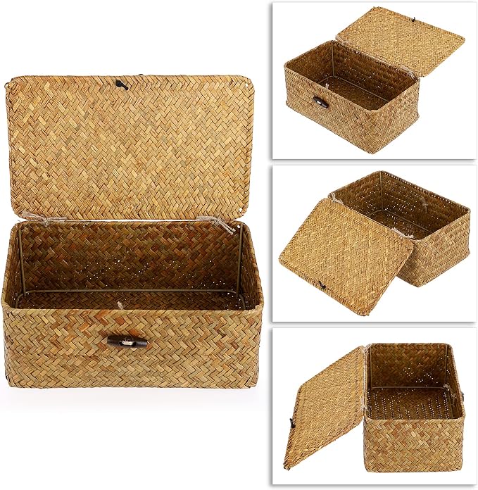 Hipiwe Small Woven Shelf Baskets Bin with Lid Seagrass Wicker Storage Box | Handmade Seagrass Basket Organizer Rectangular Household Basket Boxes for Shelf Wardrobe Home Decor, Caramel