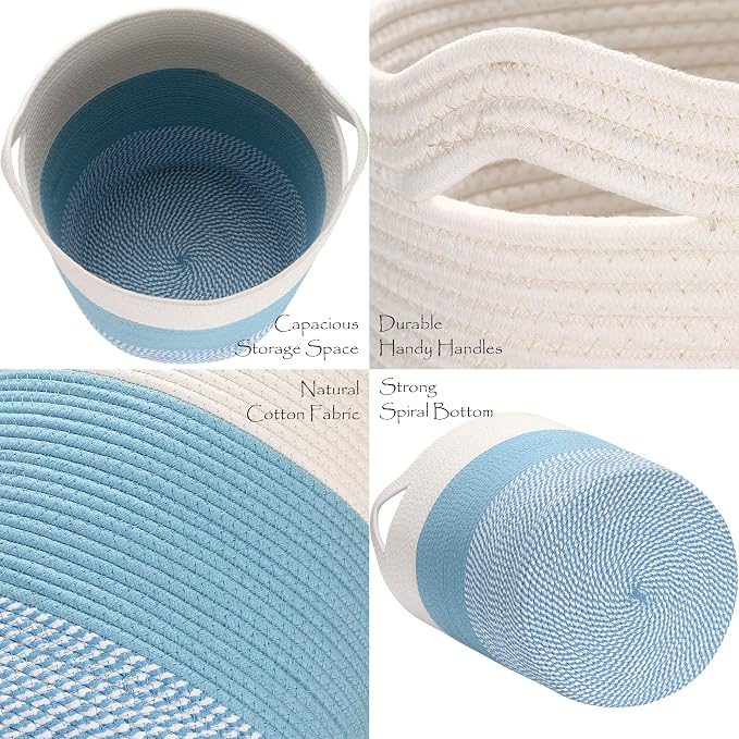 Sea Team Large Woven Cotton Rope Laundry Basket with Handles, 20 x 14 in | Collapsible Knitted Hamper, Closet Shelf Organizers, Containers for Clothing, Blankets, Toys, Bedding, Mottled Blue