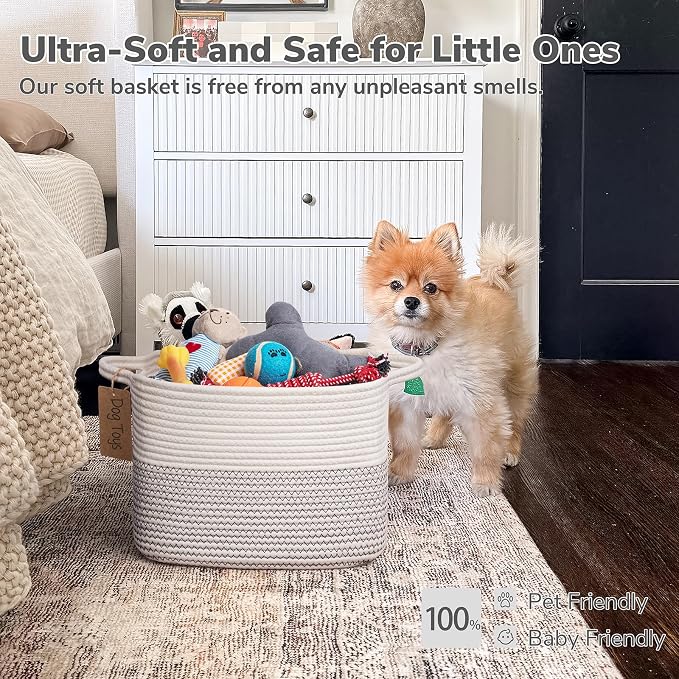 Goodpick Woven Rope Storage Basket for Shelves, Rectangle, Mix White | 13" × 10" × 9" Stylish Gift Basket for Nursery & Bedroom Organization, Cotton Rope Baskets for Toys & Baby Essentials Storage