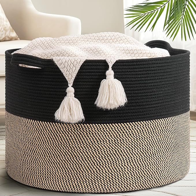Goodpick 115L Extra Large Storage Basket for Blankets Toys for Nusery Room | 23.5 x 23.5 x 15.8 In Woven Basket for Storage, Kids Toy Storage for Playroom, Laundry Basket for Towels, Black & Mix Jute