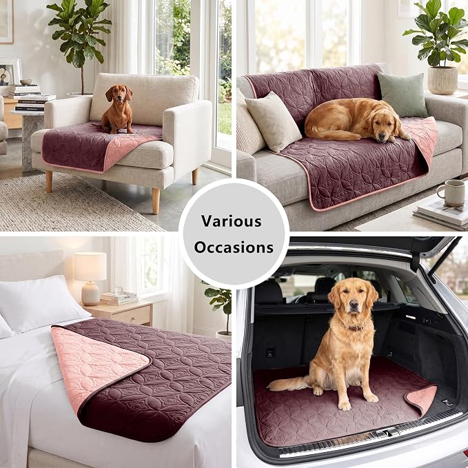 Waterproof Couch Cover for Dogs - Washable Pets Furniture Protector | TPU Leak-Proof Liner, Lightweight & Reversible, Fits Chair, Sofa, Bed, 52" x 82" , Burgundy/Pink