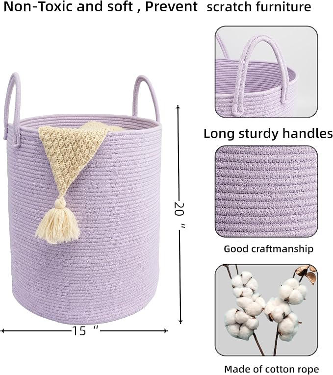 Woven Cotton Rope Laundry Basket, 15" x 20" Laundry Hamper, Purple | Rope storage basket for dirty clothes, toys and blankets. Perfect for bathroom, baby nursery and living room storage.