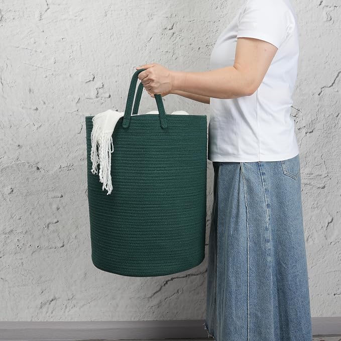 Woven Cotton Rope Laundry Basket, 15x20 Laundry Hamper, Dark Green | Rope storage basket for dirty clothes, toys and blankets. Perfect for bathroom, baby nursery and living room storage.
