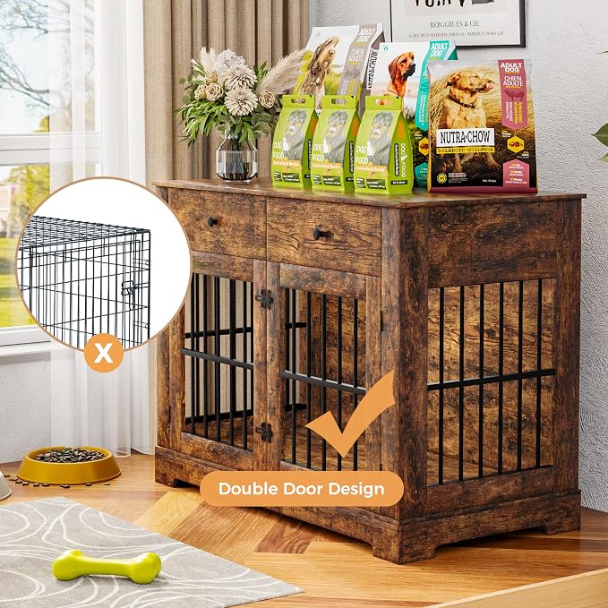 44.5'' Dog Crate Furniture with Storage Dog Kennel w/2 Drawers, Heavy-Duty Wooden Dog House Indoor End Table Tv Stand with Charging Station Pet Cage for Small/Medium Dogs(Brown)