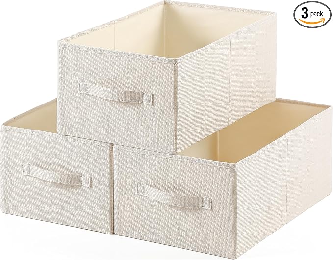 Linen Folding Storage Bins, 3 Pack Large Storage Baskets, Washable, Clothing Storage Bins with Handle, Closet Organizer for Storage Sweater,Sheets(Beige, 18½"x11 x8½)