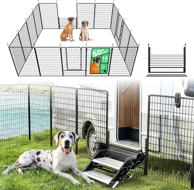 FXW Rollick Dog Playpen with RV Step Grid for RV Camping, 50" H, 16 Panels | Easy Setup & Sturdy, Blocks RV Stair Gaps, Fits RV Steps up to 30"W, For Large Dogs, Patented