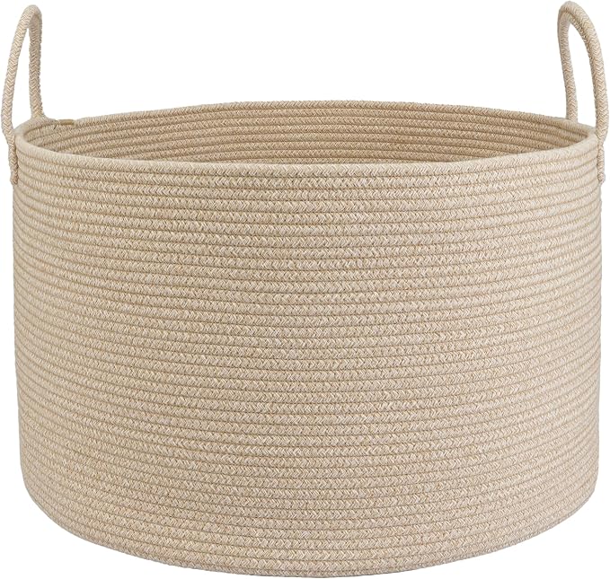 XUANGUO 66L Large Blanket Basket, Round Cotton Rope Basket, Oatmeal | 20" x 13" Laundry Basket with Sturdy Handles for Blankets, Pillows and Toys; Storage for Living Room, Bedroom and Nursery