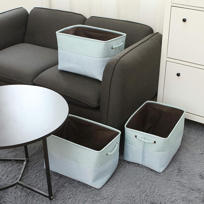 Sea Team Large Rectangle Canvas Open-Top Storage Baskets, 3-Pack | Collapsible Fabric Storage Bins with Handles, Closet Shelf Organizers, 15 x 10 x 10 Inches, Babyblue & Mint