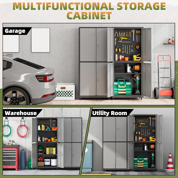 71''H Garage Storage Cabinet with Wheels, Meatl Storage Cabinet with Lock | Tool Storage Cabinet, Steel Tool Cabinet with 4 Doors and Shelves for Garage, Warehouse, Assembly Required, Gray