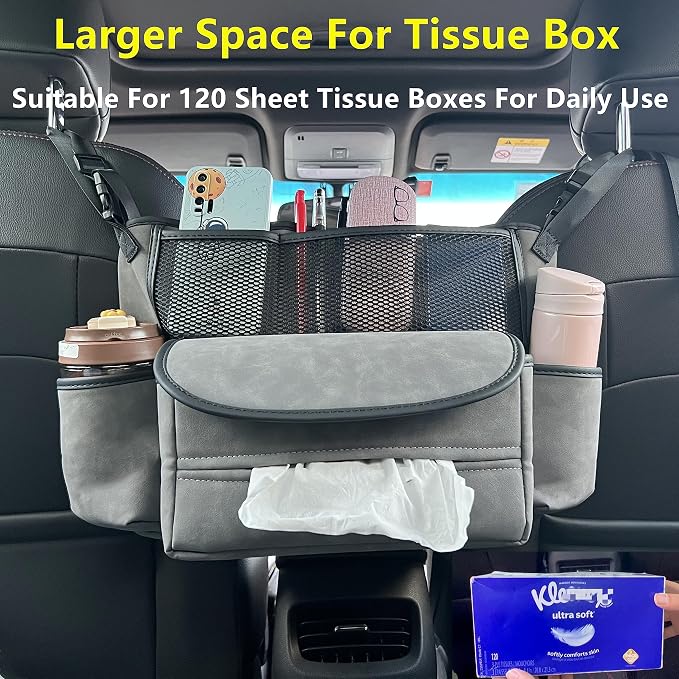 JEYODA Car Suede Seat Organizer High-capacity Seat Back Pouch Central Storage for Pickup SUVs Double-sided Tissue Storage Handbag Holder Car Accessories (Grey)