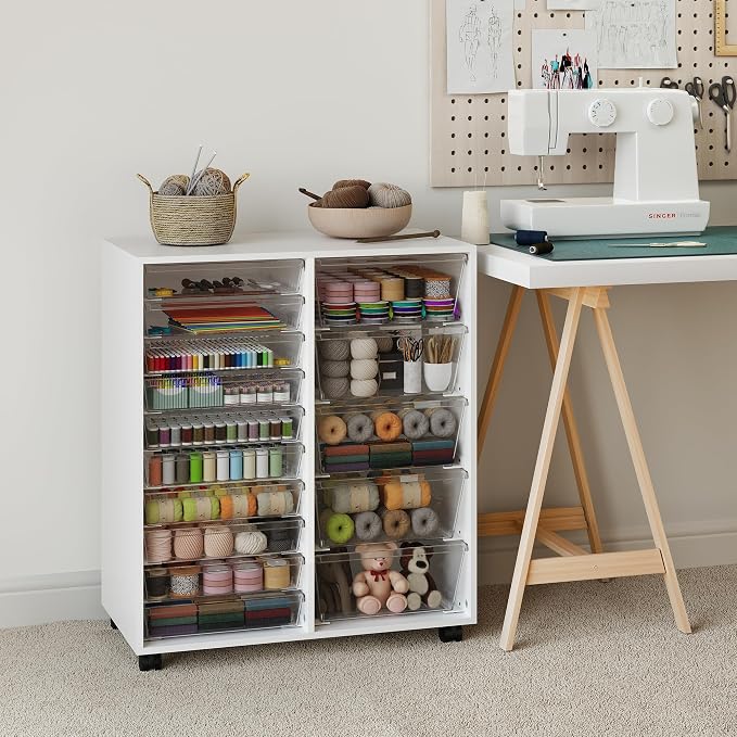 Mobile Storage Cabinet with 15 Clear Drawers, Modern White | Craft Cabinet with 5 Large Drawers, Cart with Wooden Tabletop, Printer Stand Home Office, Dresser Chest