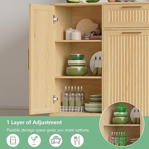 Single 13 Gallon Pull Out Trash Can Cabinet with Storage Cabinet,Natural | Pet Proof Hidden Garbage Can Cabinet,3-Tier Shelves,Fluted Design,Extra Drawer Space,Kitchen & Dining Room Organization