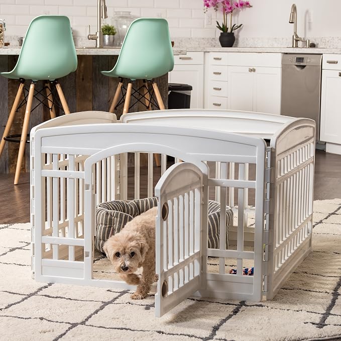 IRIS USA 4-Panel Dog Playpen, Pet Enclosure, White | Puppy Training, Configurable Layout, Multi-Shape Setup, Custom Pen Configuration, Secure Door Latch, Stable Non-Tip Base