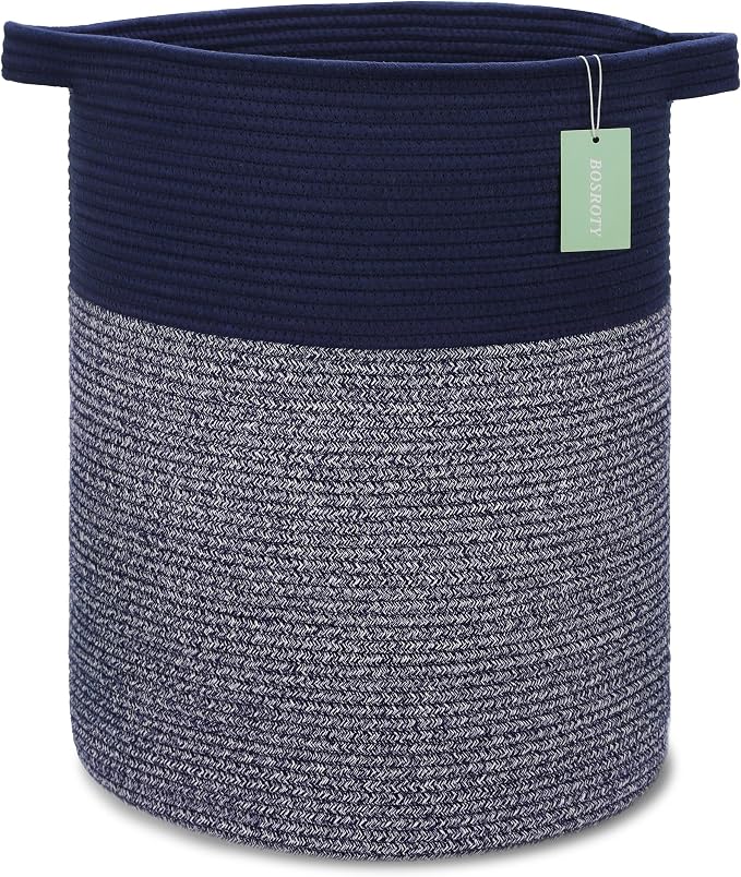Cotton Rope Blanket Basket, 72L Tall Laundry Hamper, Navy Blue