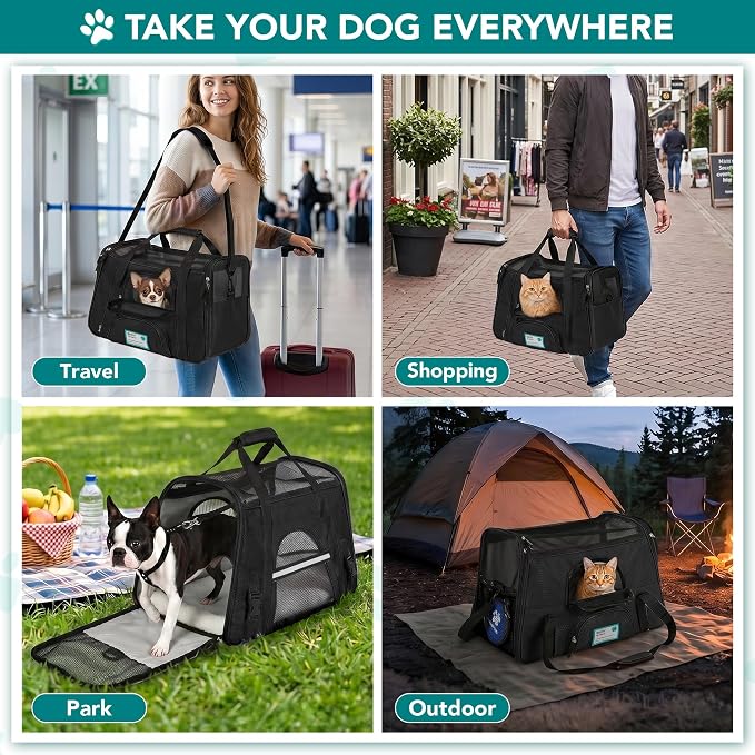 PetAmi Airline Approved Pet Carrier for Cats & Small Dogs, Large, Black | Soft Sided TSA Travel Bag, Sherpa Bed, Breathable Mesh Ventilation, Collapsible Bowl, Fits Under Seat, Up to 18 lbs