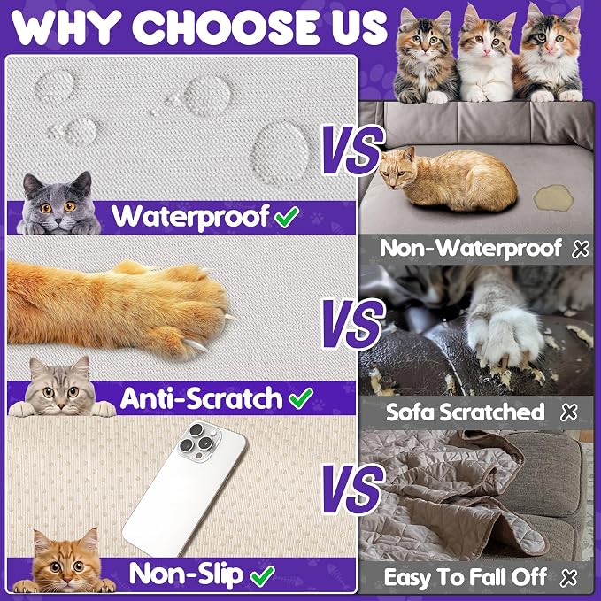 Loiion Cat Scratch Proof Furniture Protector Waterproof Sofa Cover 118"x91" | Pet-Friendly Couch Protector, Anti-Scratch & Anti-Slip Sofa Cover For Cats Dogs Kids, Machine Washable