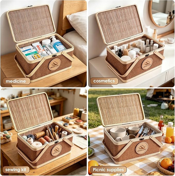 Medicine Basket, Medicine Basket Organizer with Lid, Seagrass Storage Basket Bins for Medicine Pill Vitamin Bottle