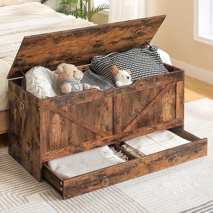 HOOBRO Storage Chest, 39.3" Toy Chest with Drawer, Wooden Storage Bench, Sturdy Entryway Bench Supports 220 lb, Shoe Bench, Safety Hinge, U-Shaped Opening, Easy Assembly, Rustic Brown FG710CW01G2