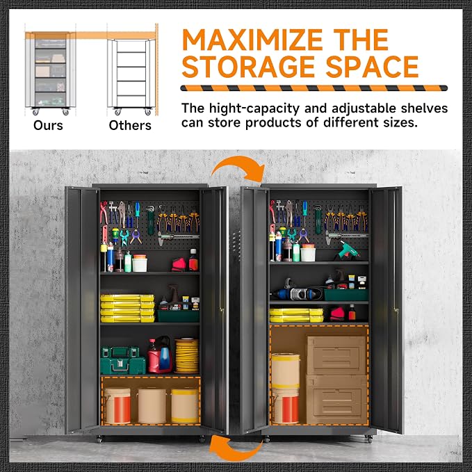71''H Garage Storage Cabinet, Meatl Storage Cabinet with Lock | Tool Storage Cabinet, Steel Tool Cabinet with 2 Doors and Shelves for Garage, Warehouse, Assembly Required, Black