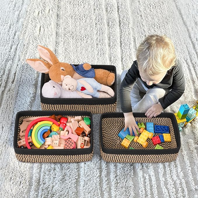 Goodpick 3-Pack Wicker Storage Baskets for Shelves, 13 x 8 x 5 in | Woven Baskets for Shelves, Closet Organizer Bins, Empty Baskets for Gifts,Woven Basket for Play Room, Black & Jute