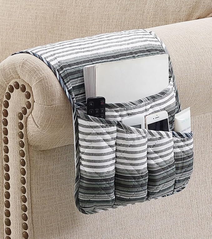 Brilliant Sunshine Multi Grey Stripes Couch Armrest Cover, 35"×13" | Washable Magazine Holder, Armrest Organizer & Caddy on Sofa, Recliner, Armchair, Storage for Remote Controls, Phone, iPad