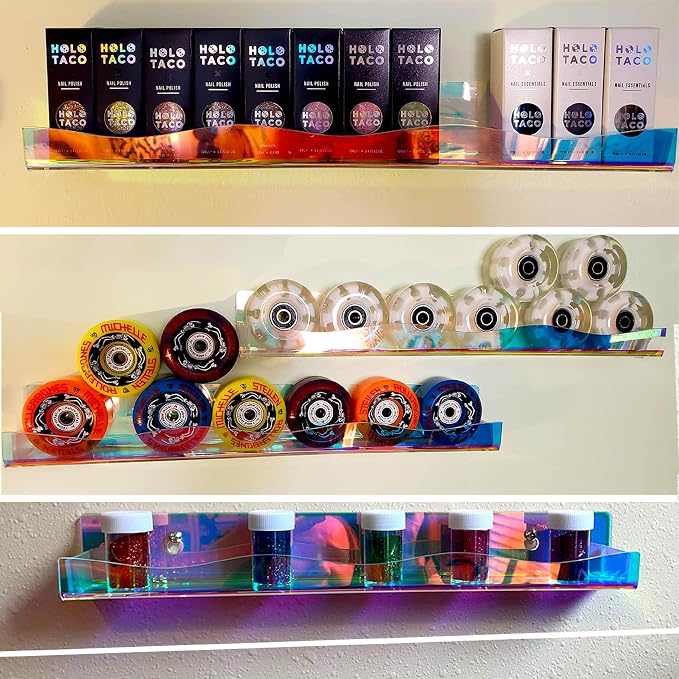 15" Nail Polish Rack Wall Mounted Shelf,6 Pack Clear Rainbow Iridescent Acrylic Organizer Nail Supplies for Nail Techs,Great Display for Salons Retailers