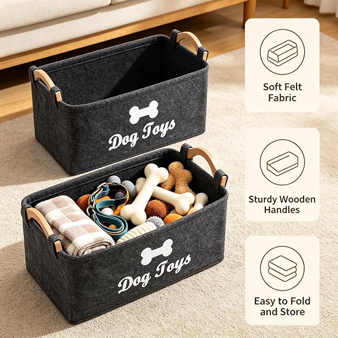 Dog Toy Storage Basket, Felt Pet Toy Organizer with Wooden Handles, Collapsible Pet Supplies Storage Bin for Dog Cat Toys, Treats, Accessories, Home Office Closet Organizer (DarkGray-2)