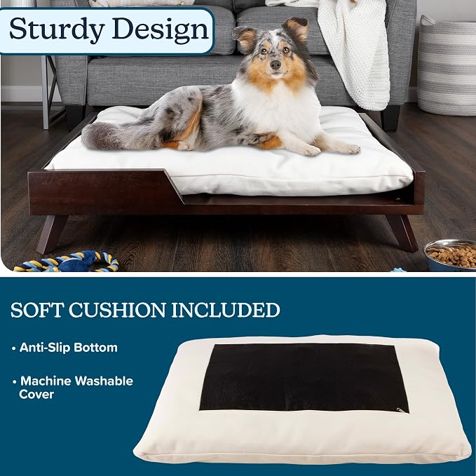 PETMAKER Indoor Elevated Dog Bed, Dark Brown, 36” x 29.5” | Medium Dog Bed with Solid Wood Frame and Soft Cushion, Mid-Century Modern Raised Pet Furniture for Medium to Large Pets