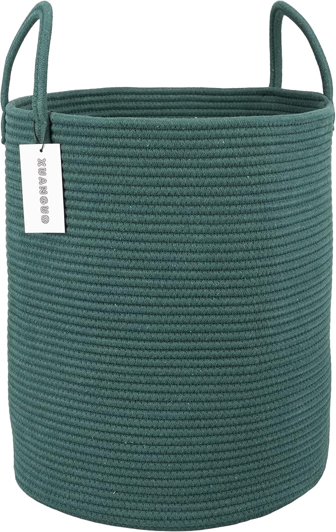 XUANGUO Cotton Rope Laundry Basket Hamper for Clothes Large Dark Green | Baby Nursery Hamper Bin and Woven Storage Basket for Living Room Bedroom Boho Tall Rope Baskets Blankets Toys Pillows Towels