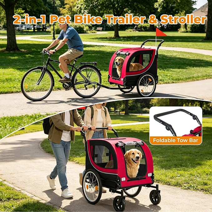 2-in-1 Bike Trailer & Pet Stroller for Dogs up to 100lbs– Foldable Pet Carrier Cart with Two 8'' Front Caster & 20'' Quick Release Air-Filled Wheels, Breathable Mesh and PVC Rain Cover, Red