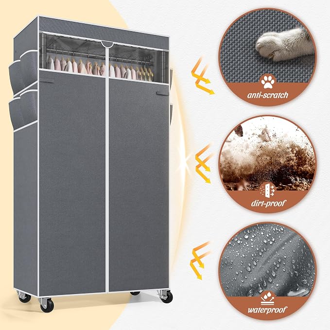 Raybee Clothes Rack with Cover, Rolling Portable Closet, 2 Rods & 2 shelves | Heavy Duty, Tool-free Assembly, Adjustable, Lockable Wheels, Freestanding, Covered, Zippered, Saving Space for Bedroom,Dorm