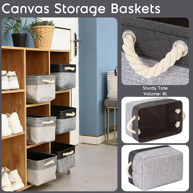 Sea Team Compact Rectangle Canvas Open-Top Storage Baskets, 3-Pack | Collapsible Fabric Storage Bins with Handles, Closet Shelf Organizers, 12 x 8 x 5 Inches, Gray & Black