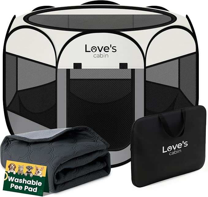 Love's cabin Dog Playpen with Washable Pee Pad, Puppy Pet Cat Playpen Small Dogs Tent Crate Indoor/Outdoor, Portable Pop Up Kennel with Carrying Case for Cats/Rabbits(Grey,Small with pad)
