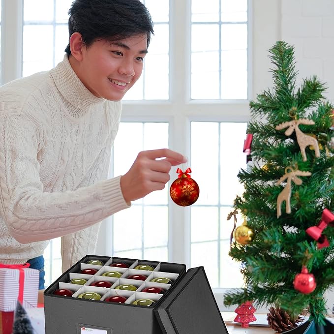Holiday Ornament Storage Chest, With 4 Trays Holds Up to 64 Ornaments Balls, With Dividers (Gray)
