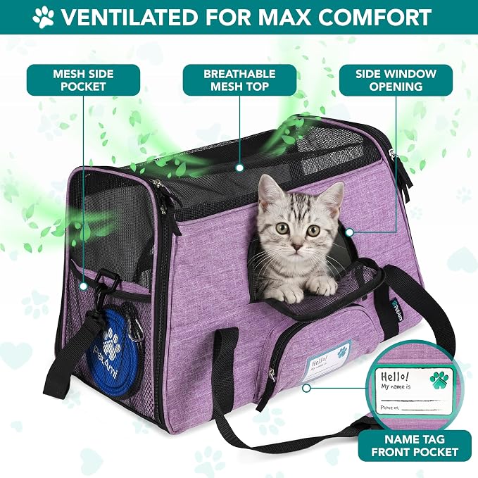 PetAmi Airline Approved Pet Carrier Cats & Small Dogs, Large Heather Purple | Soft Sided TSA Travel Bag, Sherpa Bed, Breathable Mesh Ventilation, Collapsible Bowl, Fits Under Seat, Up to 18 lbs