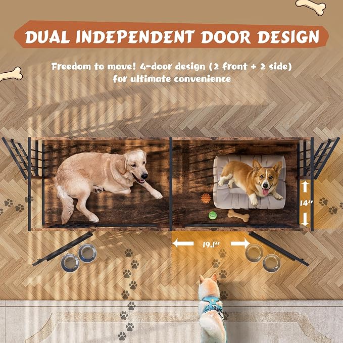 79'' Double Dog Crate Furniture for 2 Dogs, Wooden Dog Kennel with Removable Divider, XXL Dog House Indoor with Rotating Bowl Holders, Heavy Duty Dog Crate TV Stand (78.7"L x 27.6"W x 33.5"H)