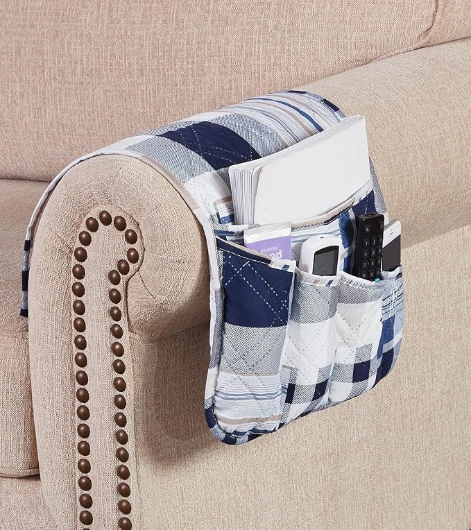 Brilliant Sunshine Blue Plaids & Stripes Couch Armrest Cover, 35"×13" | Washable Magazine Holder, Armrest Organizer & Caddy on Sofa, Recliner, Armchair, Storage for Remote Controls, Phone, iPad